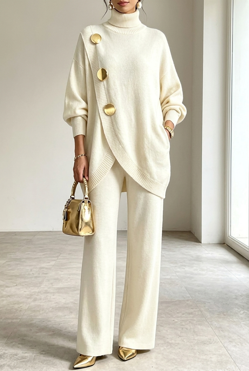 Ensemble Chic Col Montant et Pantalon Ample