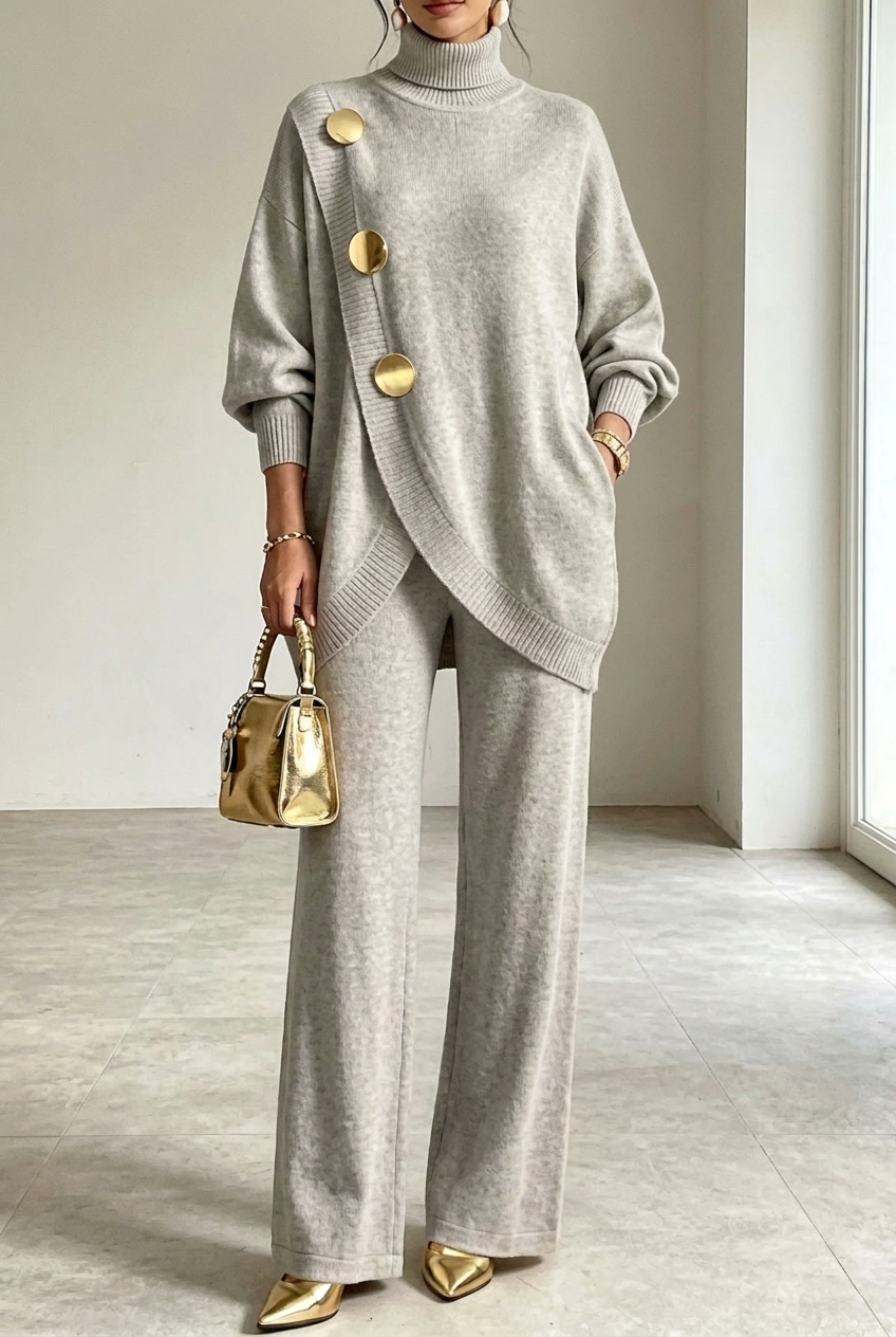 Ensemble Chic Col Montant et Pantalon Ample