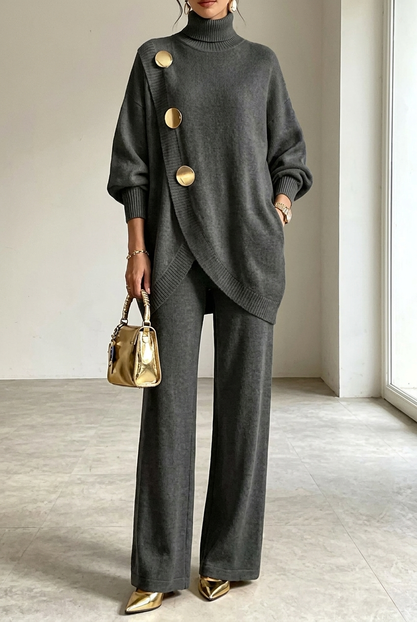 Ensemble Chic Col Montant et Pantalon Ample