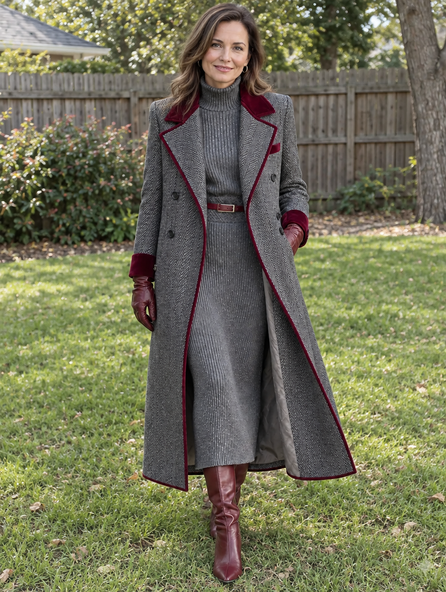Manteau Long Croisé à Revers Bordeaux