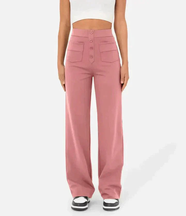 Pantalon taille haute avec boutons sur le devant pour femme