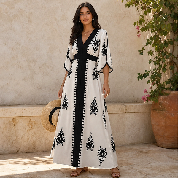Solène – Vestido largo cruzado entallado con motivos étnicos y bolsillos