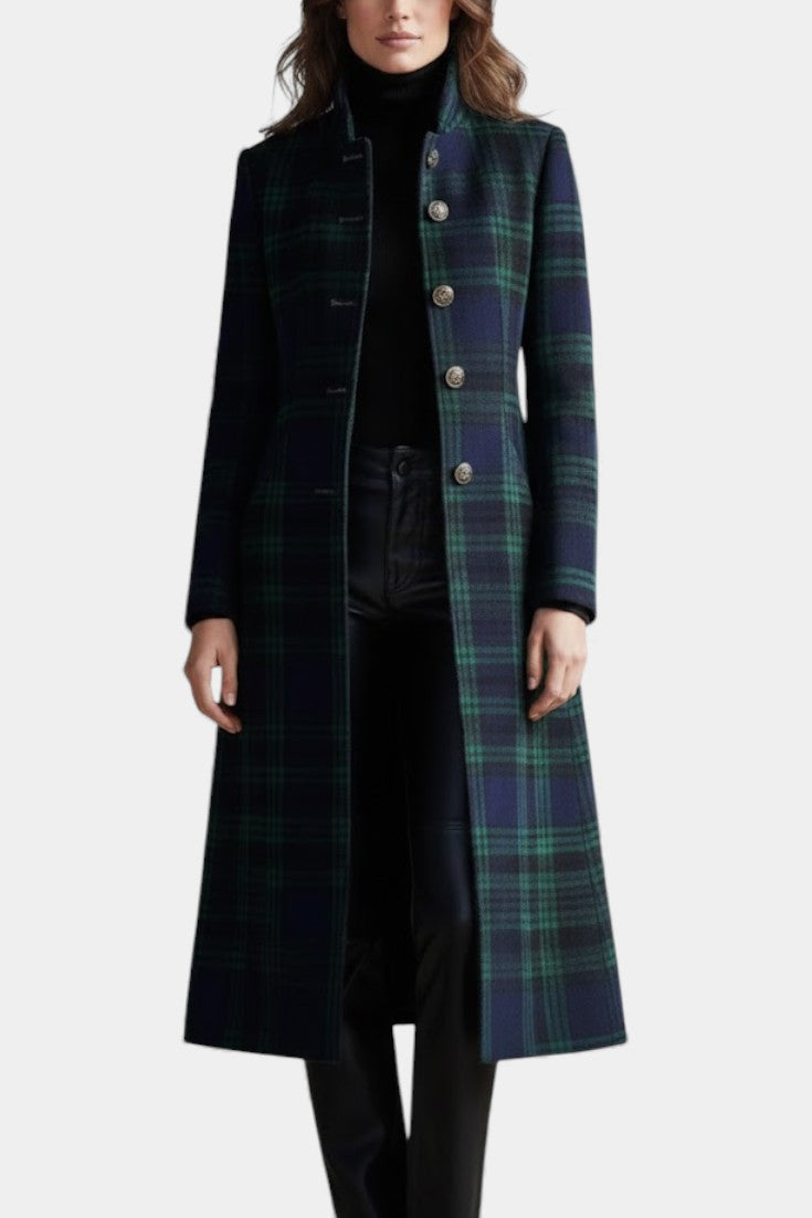 Manteau Long Cintré à Carreaux Élégant