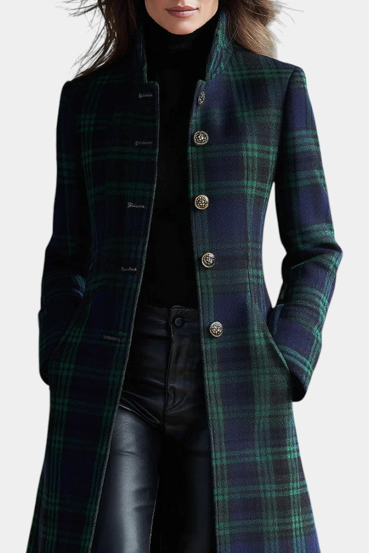 Manteau Long Cintré à Carreaux Élégant