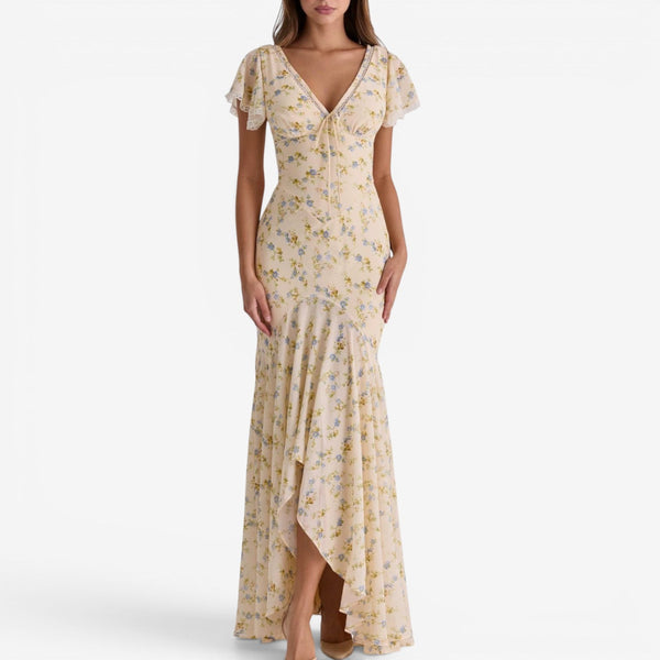 Vestido largo asimétrico con estampado floral romántico
