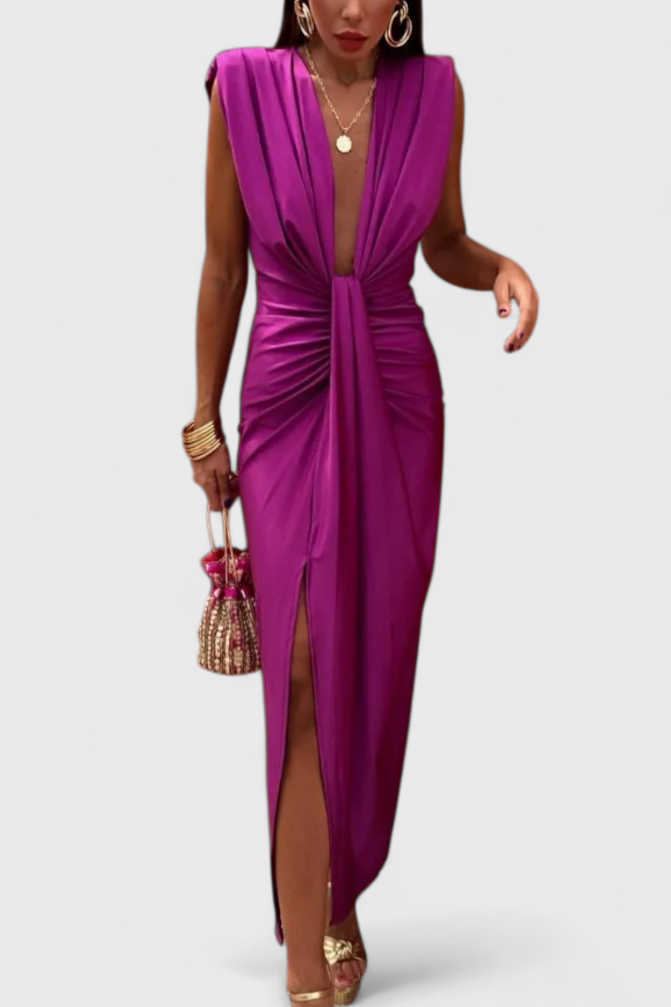 Lakisha Robe midi froncée avec décolleté plongeant