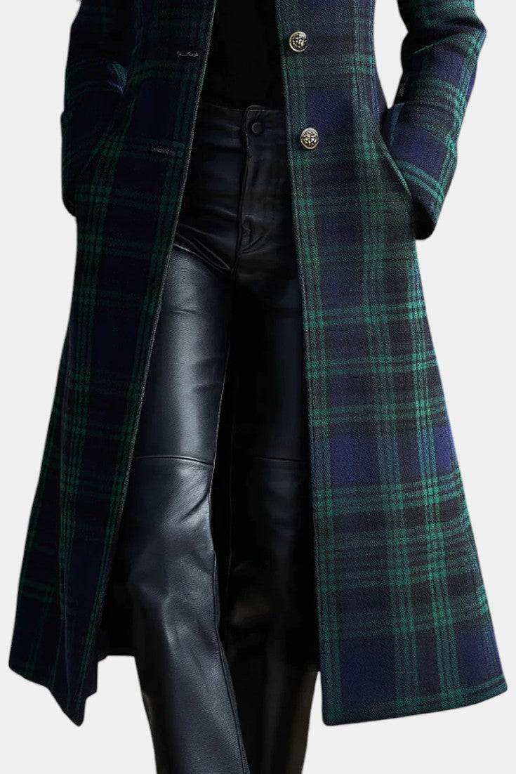 Manteau Long Cintré à Carreaux Élégant