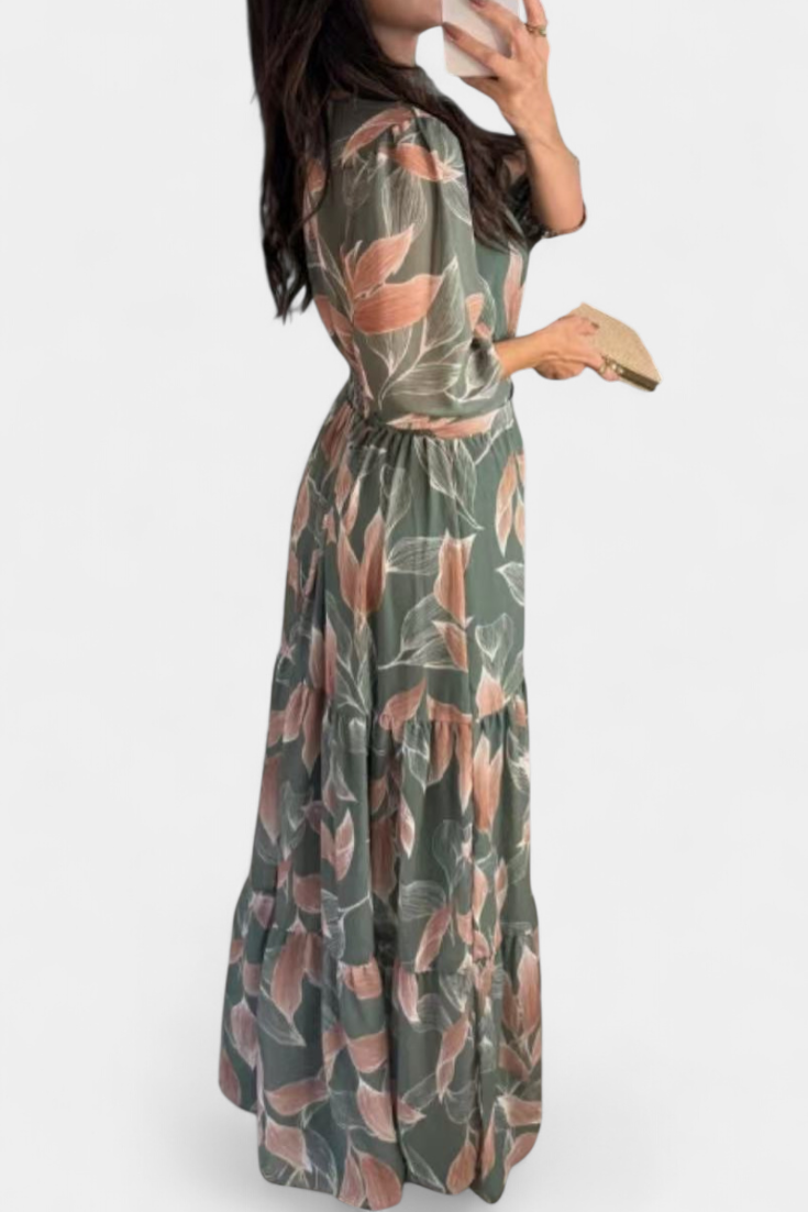Aísha Robe longue fluide à motif floral et feuilles