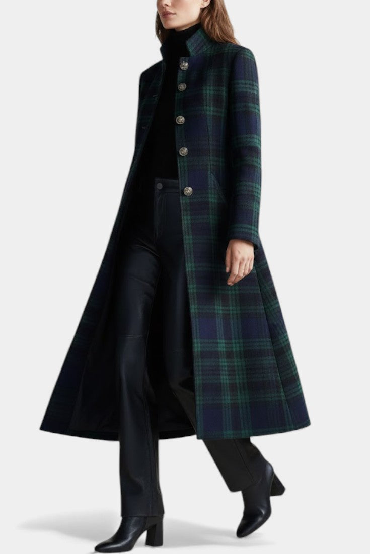 Manteau Long Cintré à Carreaux Élégant