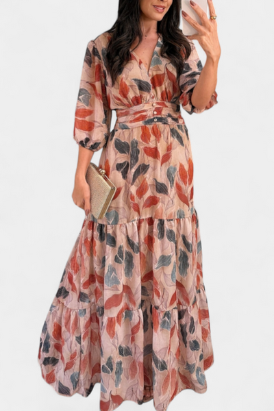 Aísha Robe longue fluide à motif floral et feuilles