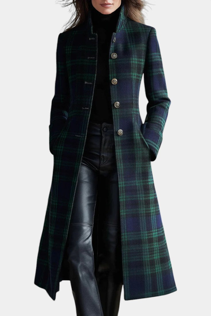 Manteau Long Cintré à Carreaux Élégant