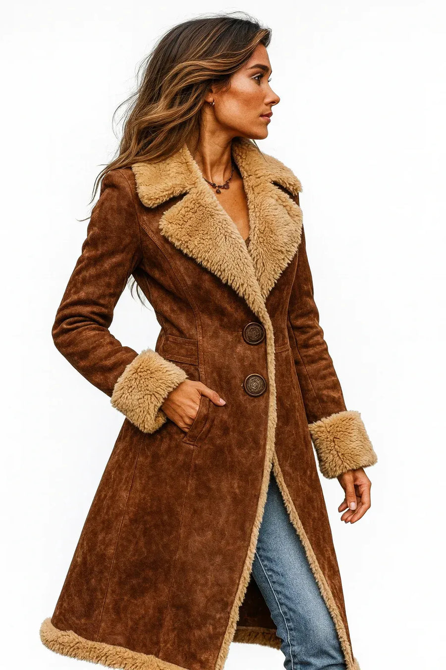 Manteau Long Effet Fourrure à Boutons