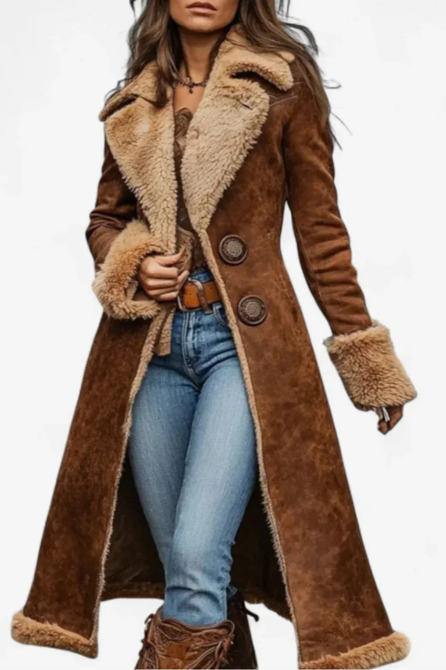 Manteau Long Effet Fourrure à Boutons