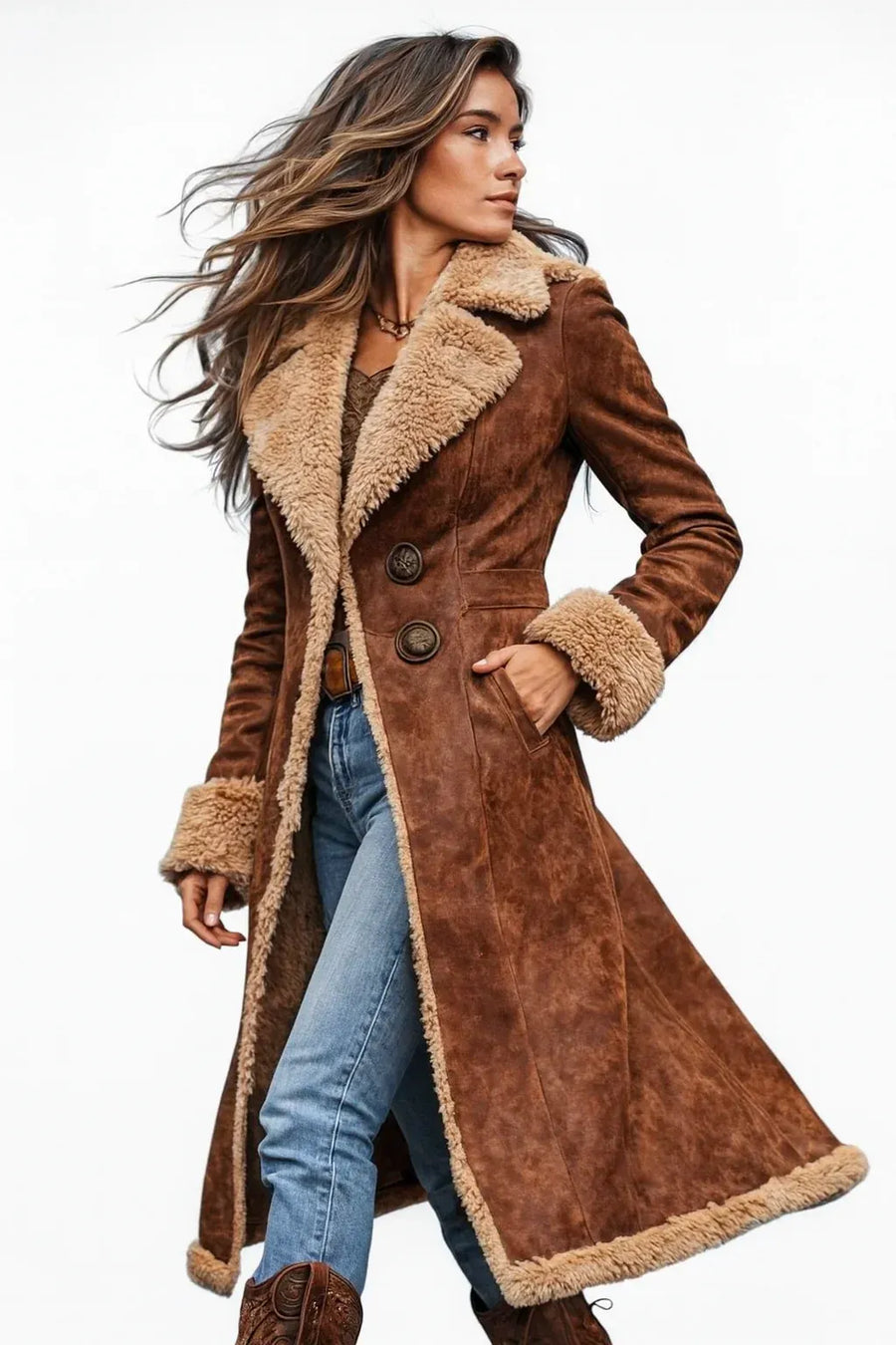 Manteau Long Effet Fourrure à Boutons