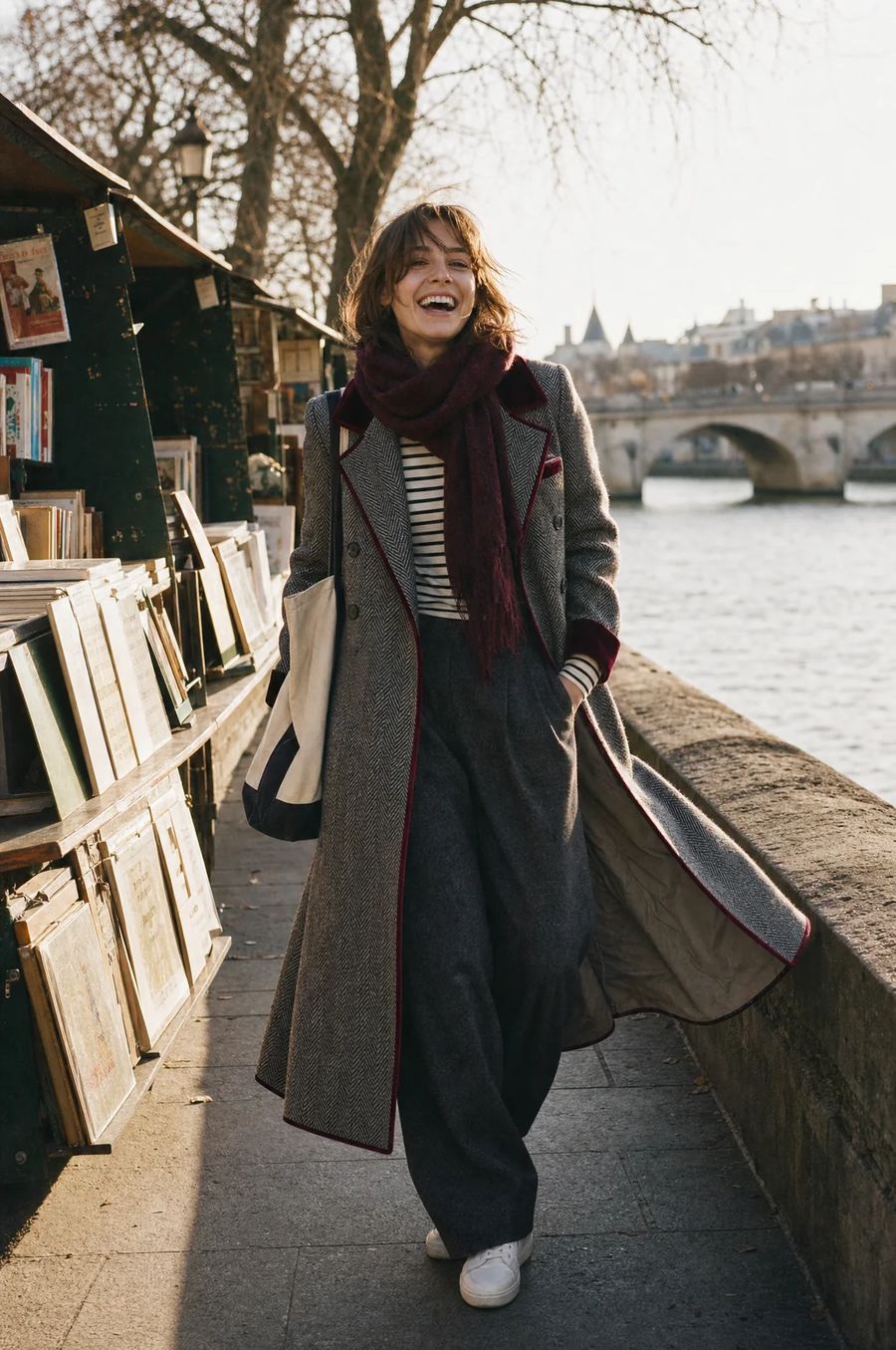 Manteau Long Croisé à Revers Bordeaux