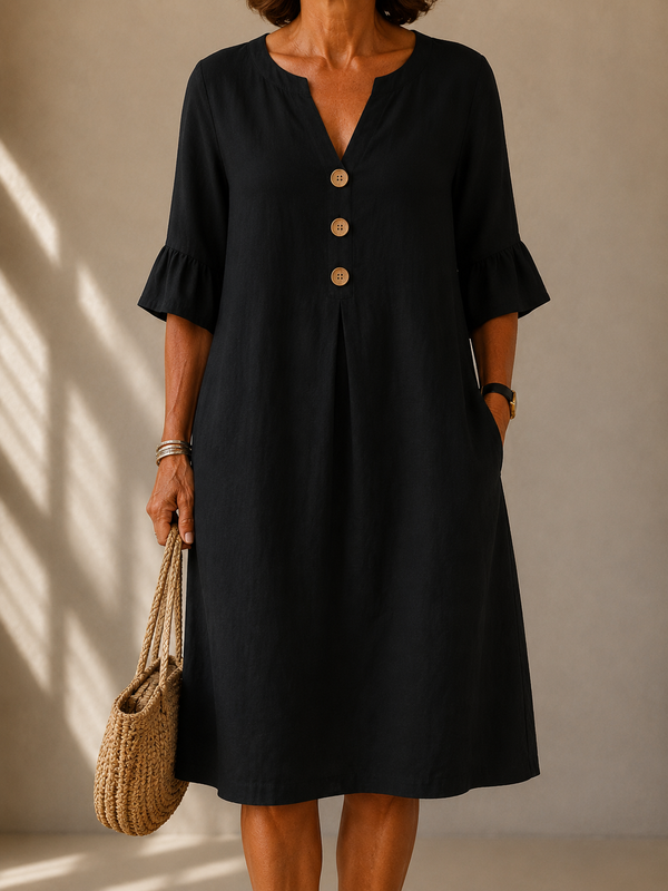 Vestido Negro Abotonado de Corte Relajado