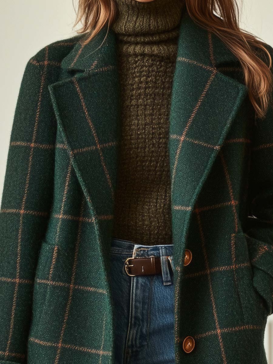 Manteau Long Croisé à Carreaux Verts