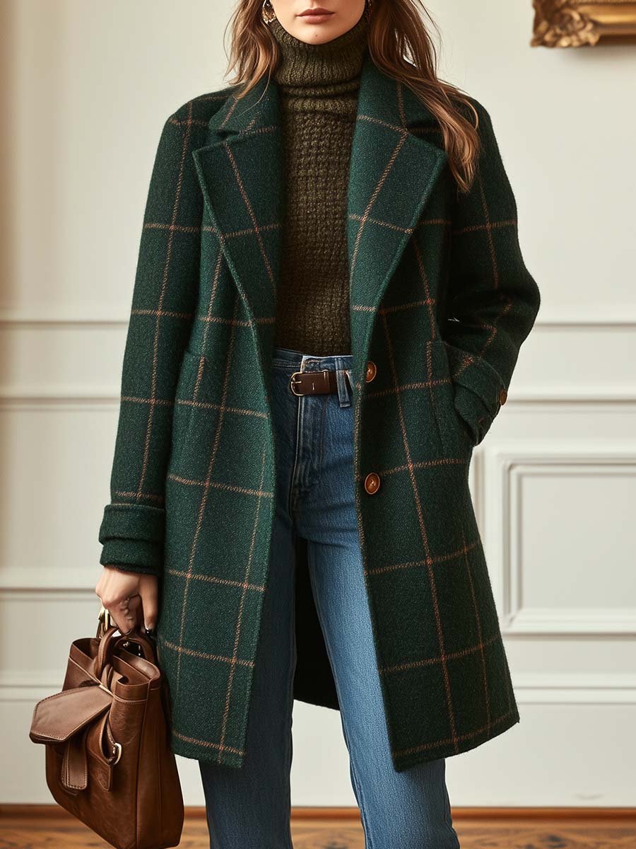 Manteau Long Croisé à Carreaux Verts