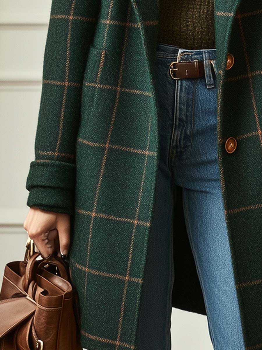 Manteau Long Croisé à Carreaux Verts