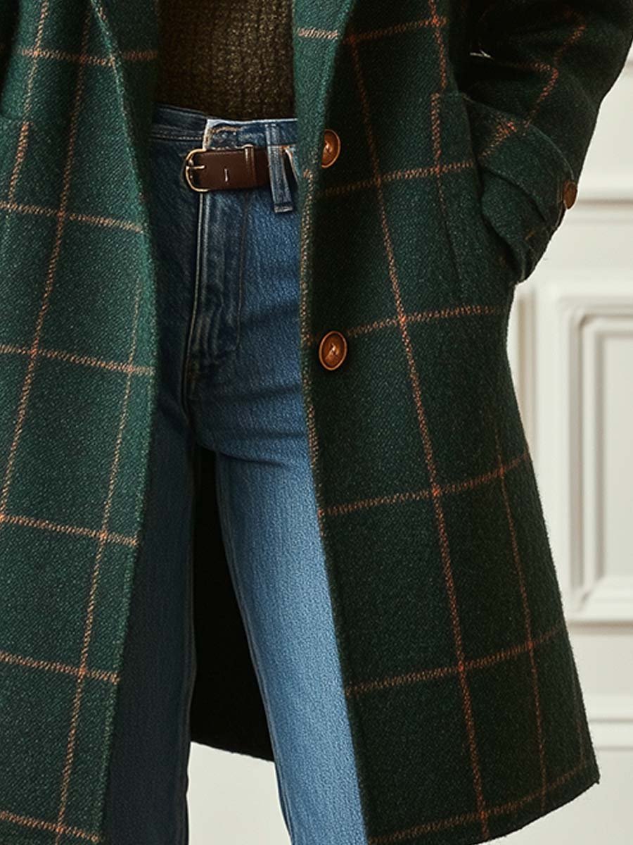 Manteau Long Croisé à Carreaux Verts