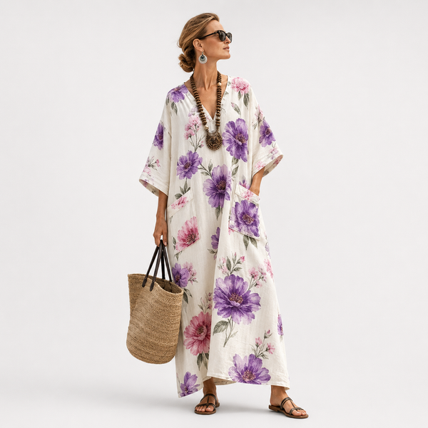 Caftán Ophélie Floral Blanco Corte Amplio