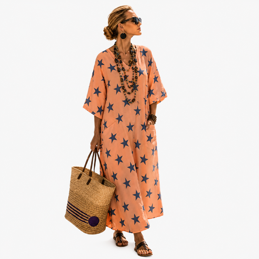 Kaftan Fluide Imprimé Étoiles — vue de face, coloris corail avec motifs marins