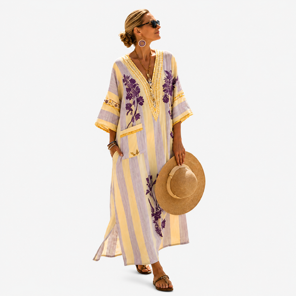 El Kaftán Adalie - Vestido fluido a rayas con motivos florales