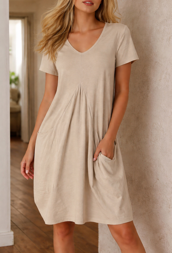 Vestido Trapézio Elegante com Decote em V - Corte Casual de Senhora