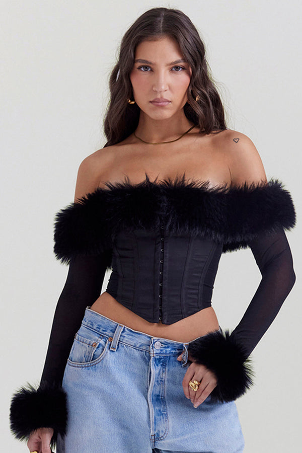 Corset noir avec bordure en fausse fourrure pour femmes