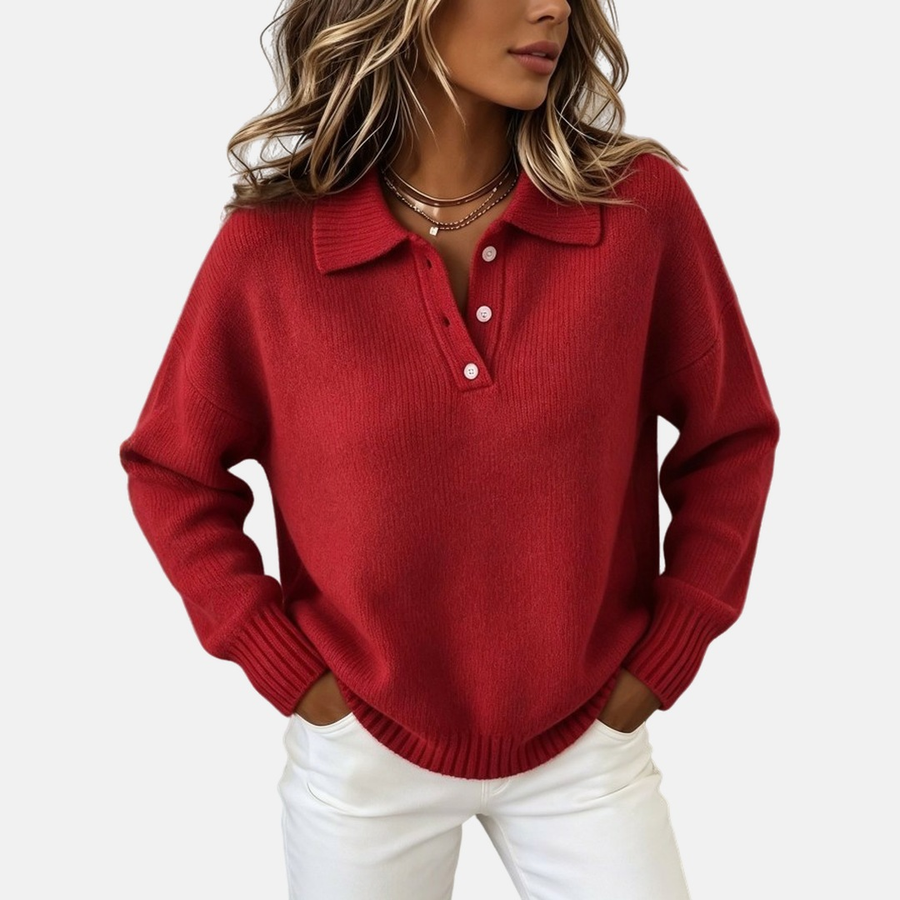 Pull col polo boutonné beige — vue arrière coupe généreuse