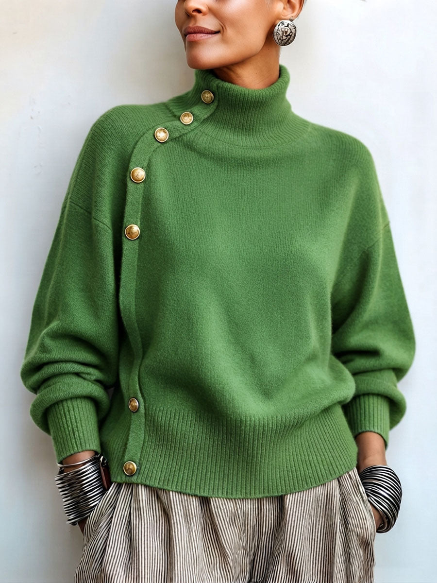 Pull Col Montant Asymétrique Boutons Dorés
