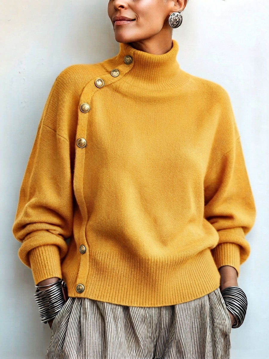 Pull Col Montant Asymétrique Boutons Dorés