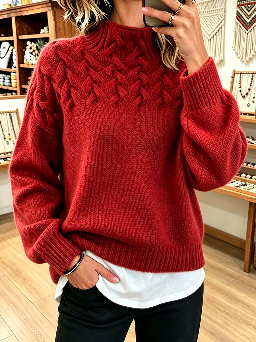 Pull Col Montant Torsades Épaulettes