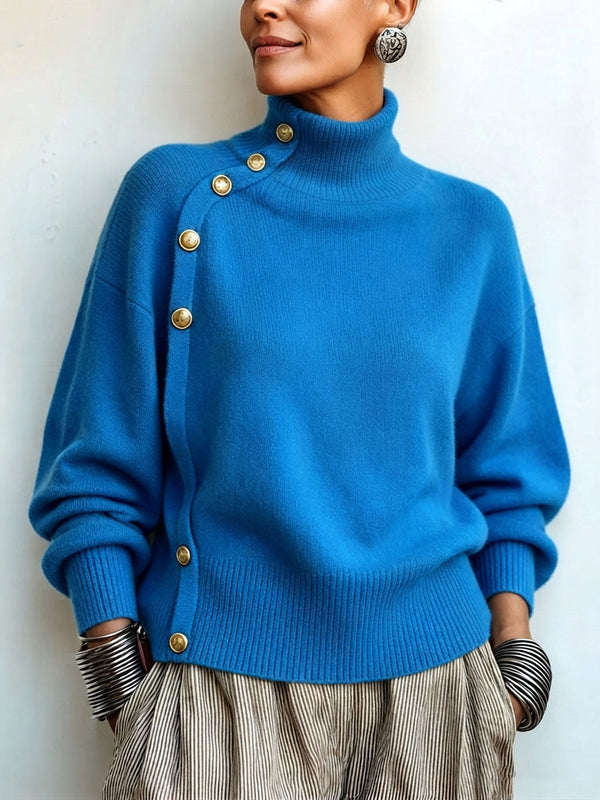 Pull Col Montant Asymétrique Boutons Dorés
