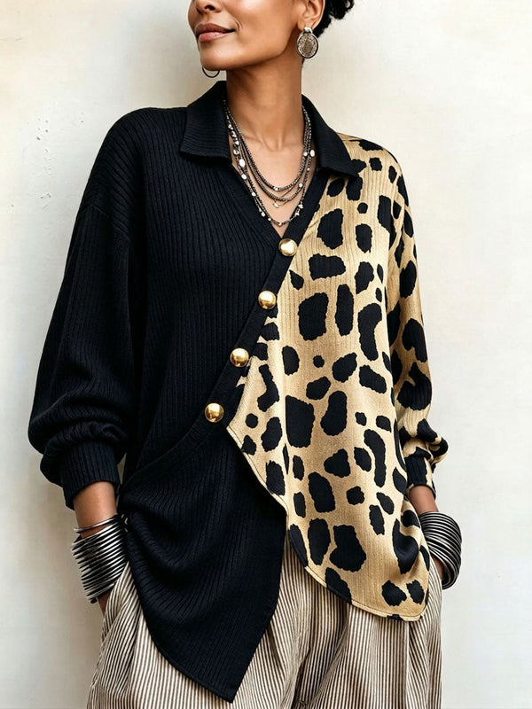 Pull Bicolore Léopard Boutons Dorés