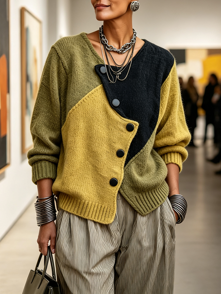 Pull Asymétrique Colorblock Boutonnage