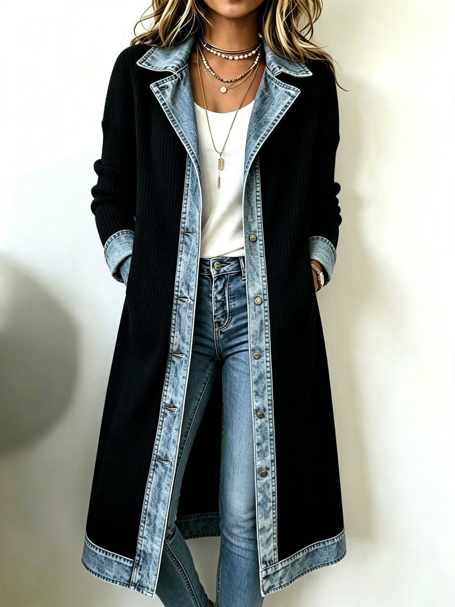 Cardigan Long Boutonné aux Détails Contrastants