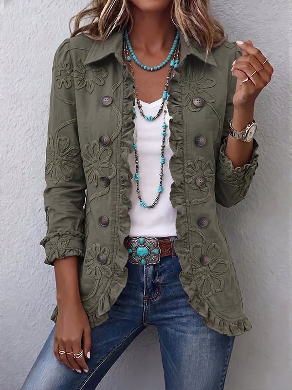 Chaqueta bohemia con volantes y bordado floral