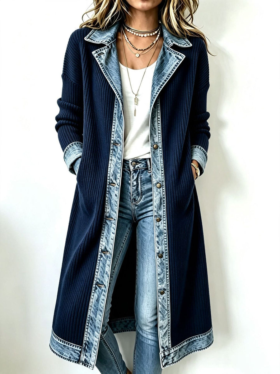 Cardigan Long Boutonné aux Détails Contrastants