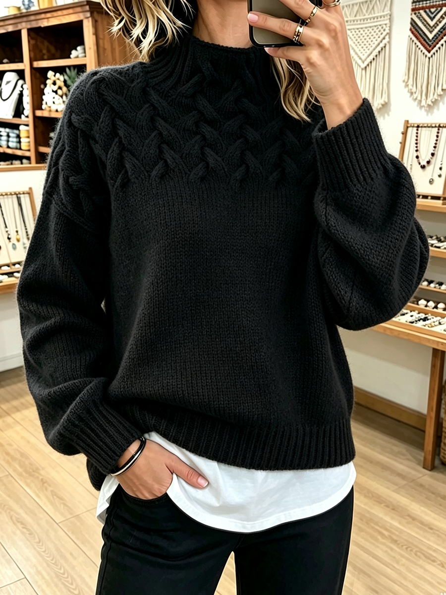 Pull Col Montant Torsades Épaulettes