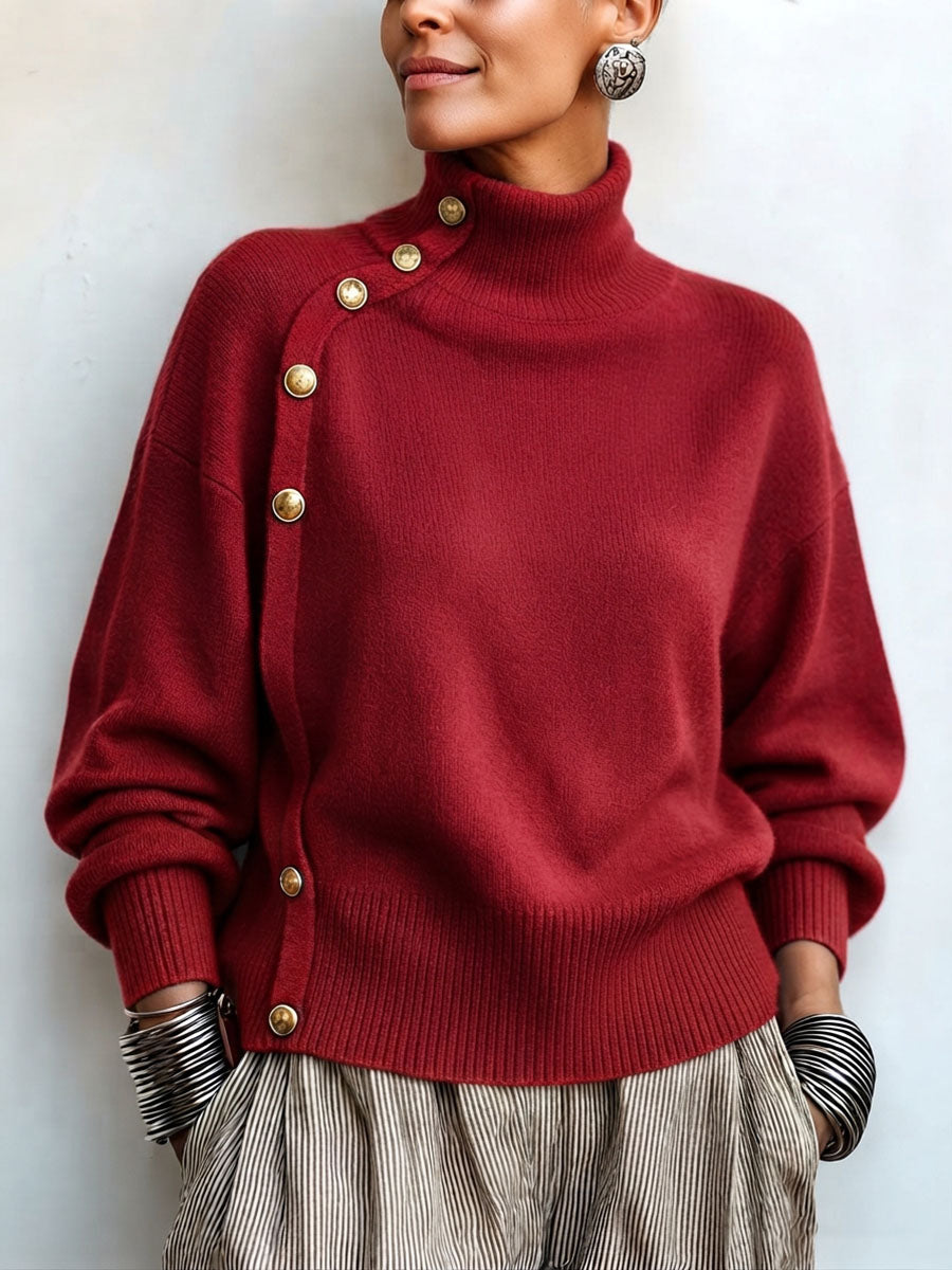 Pull Col Montant Asymétrique Boutons Dorés