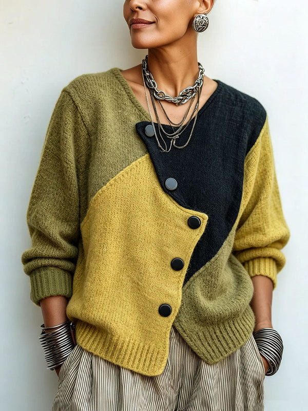 Pull Asymétrique Colorblock Boutonnage