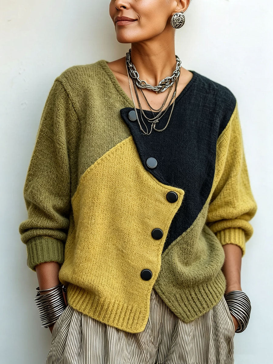 Pull Asymétrique Colorblock Boutonnage