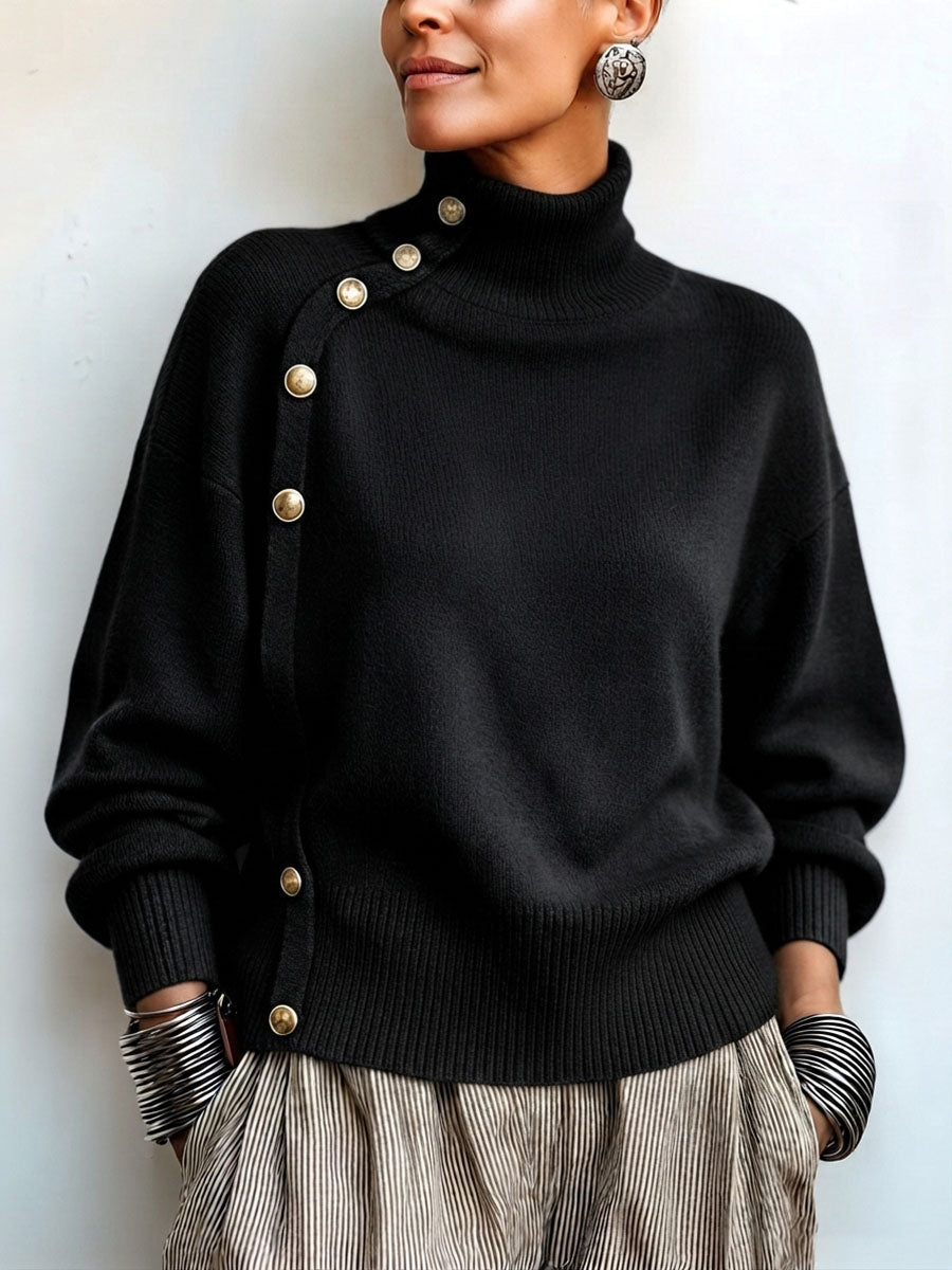 Pull Col Montant Asymétrique Boutons Dorés