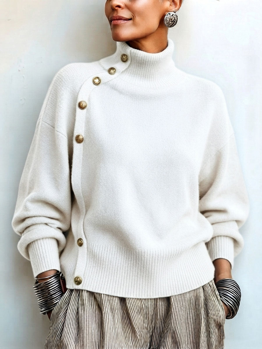 Pull Col Montant Asymétrique Boutons Dorés