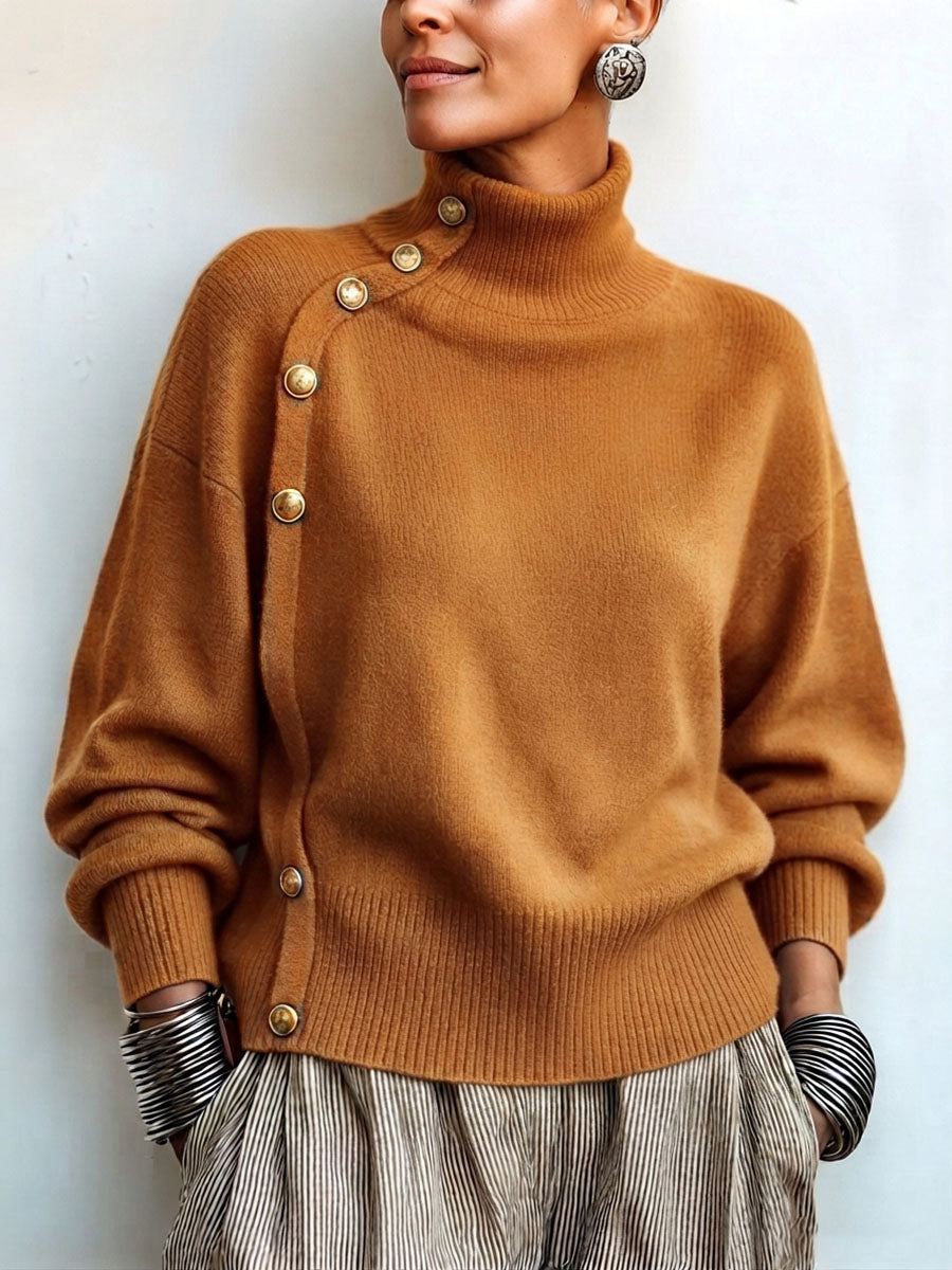 Pull Col Montant Asymétrique Boutons Dorés