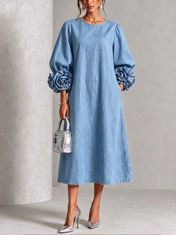 Vestido Midi Trapézio com Ornamentos Florais - Elegância Casual
