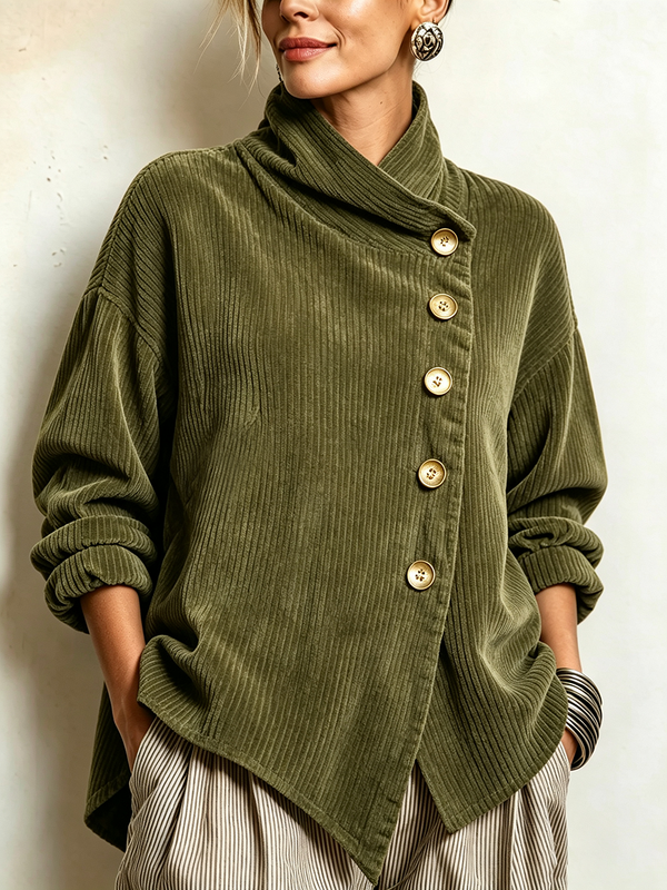 Pull Col Montant Drapé Boutonnage Diagonal