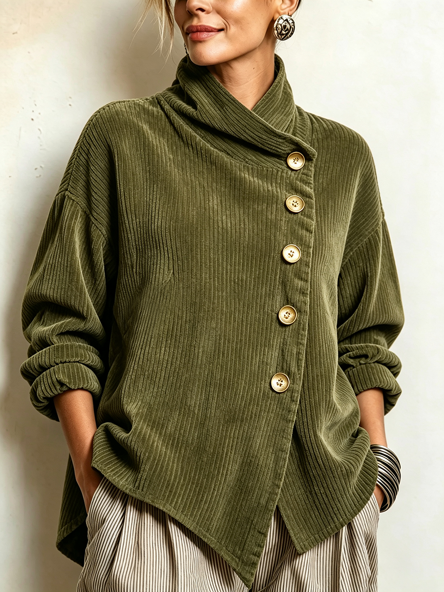 Pull Col Montant Drapé Boutonnage Diagonal