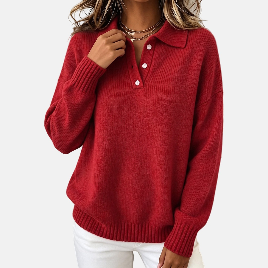 Pull col polo boutonné beige — détail des manches longues sur le poignet